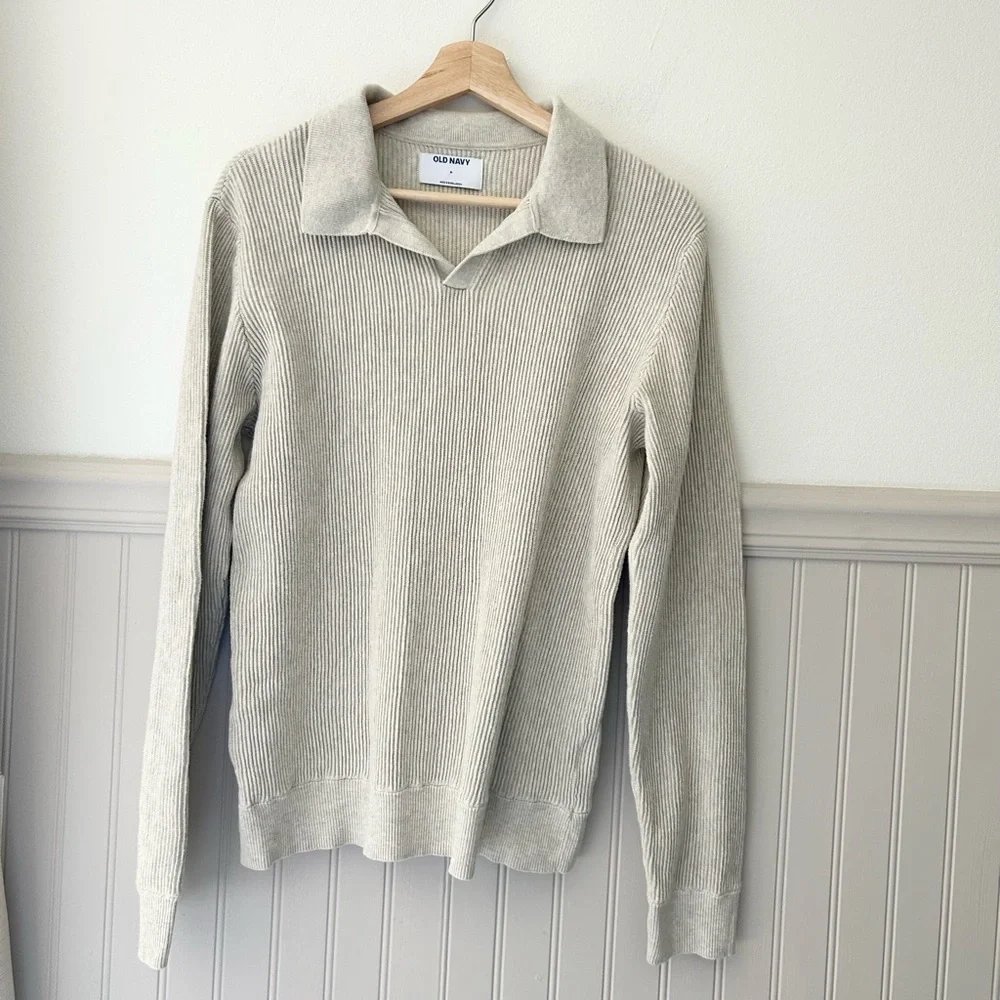 Old Navy Men’s Medium Cream V-Neck Collared Polo Knit Cotton Sweater